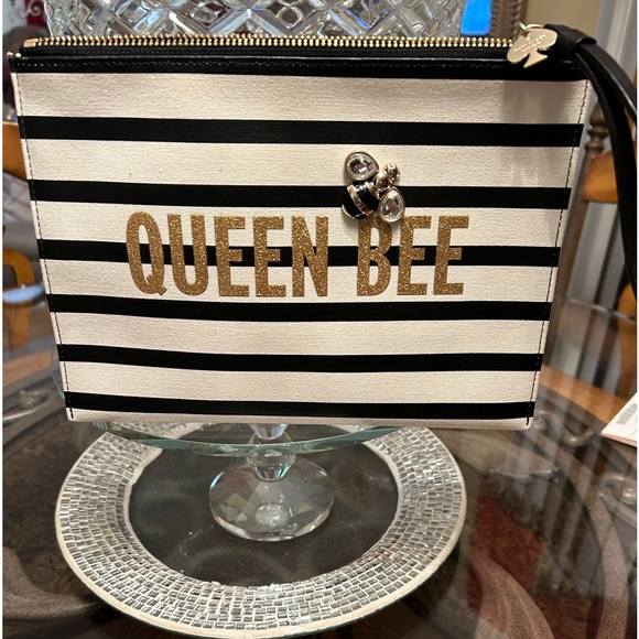 kate spade Handbags - NWOT-Jeweled Kate Spade Queen Bee Bag White Black Striped Gold Letters Clutch